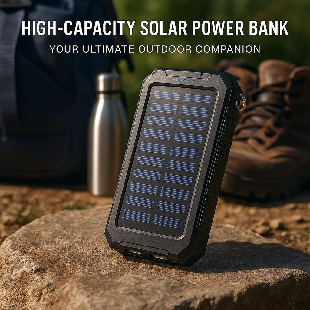 Solar Power Bank 20000mAh | Waterproof Shockproof Design | Solar + USB Charging, Multi-Mode LED Torch for Camping & Outd
