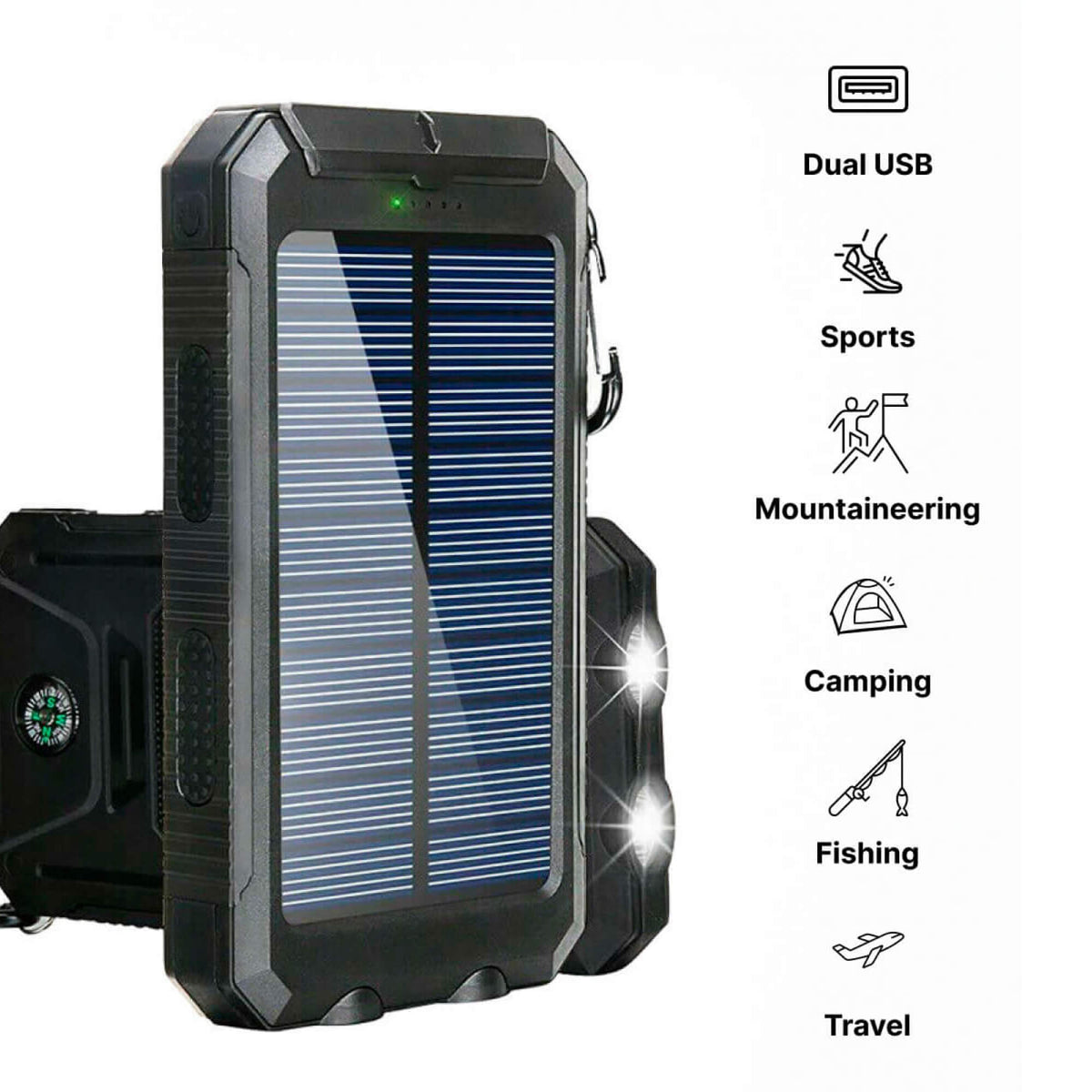 Solar Power Bank 20000mAh | Waterproof Shockproof Design | Solar + USB Charging, Multi-Mode LED Torch for Camping & Outd