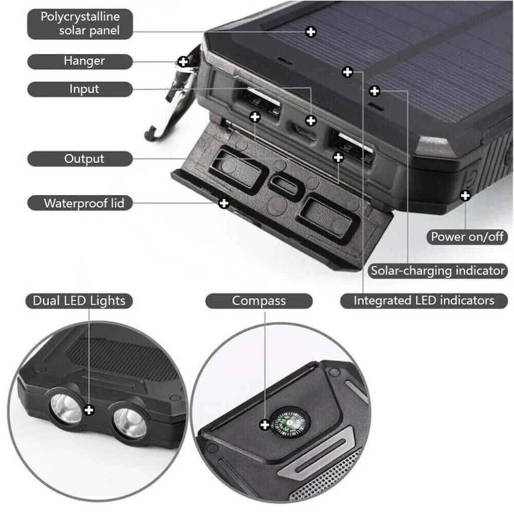 Solar Power Bank 20000mAh | Waterproof Shockproof Design | Solar + USB Charging, Multi-Mode LED Torch for Camping & Outd