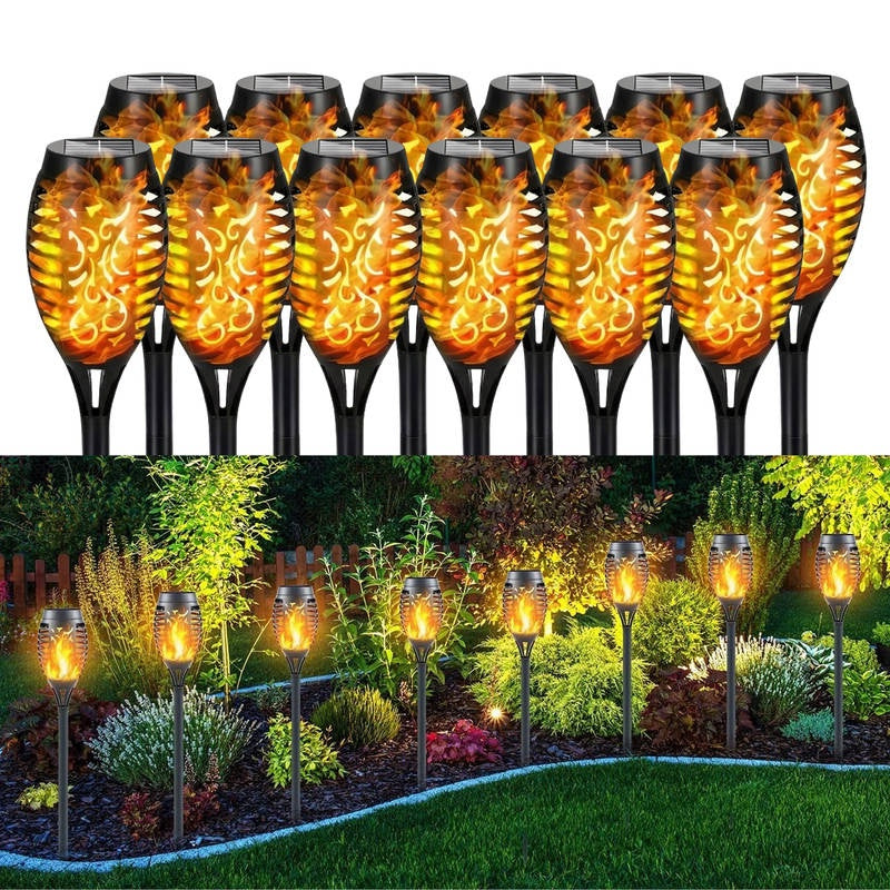 Solar Tiki Torch Lights 12 Pack, Flickering Flame, Outdoor Path and Garden