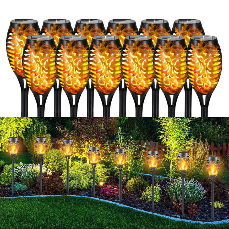 Solar Tiki Torch Lights 12 Pack, Flickering Flame, Outdoor Path and Garden