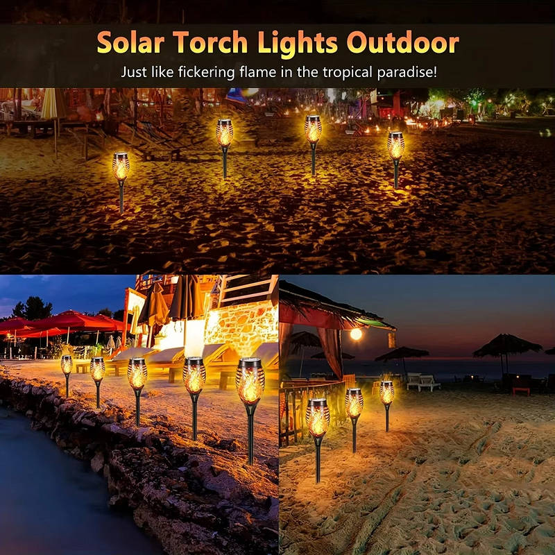 Solar Tiki Torch Lights 12 Pack, Flickering Flame, Outdoor Path and Garden