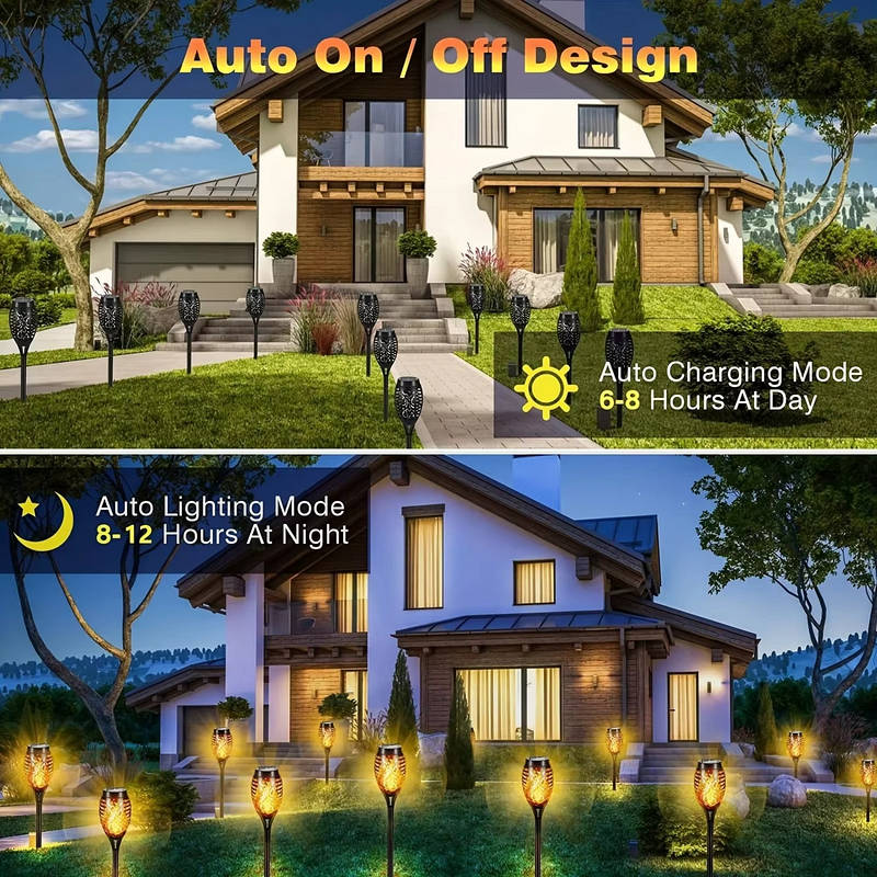 Solar Tiki Torch Lights 12 Pack, Flickering Flame, Outdoor Path and Garden