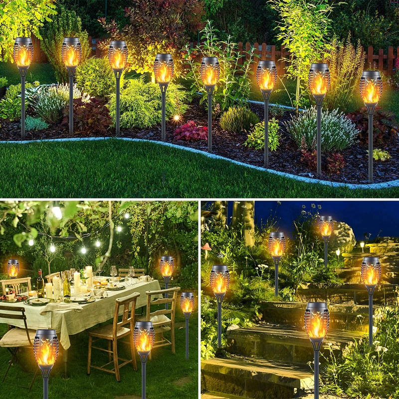 Solar Tiki Torch Lights 12 Pack, Flickering Flame, Outdoor Path and Garden