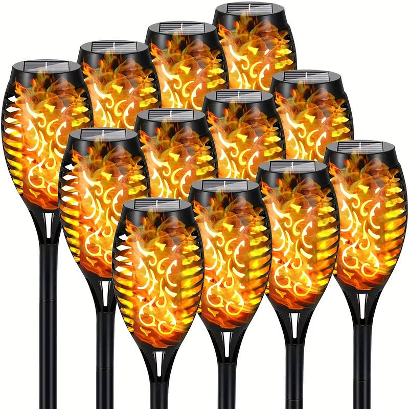 Solar Tiki Torch Lights 12 Pack, Flickering Flame, Outdoor Path and Garden