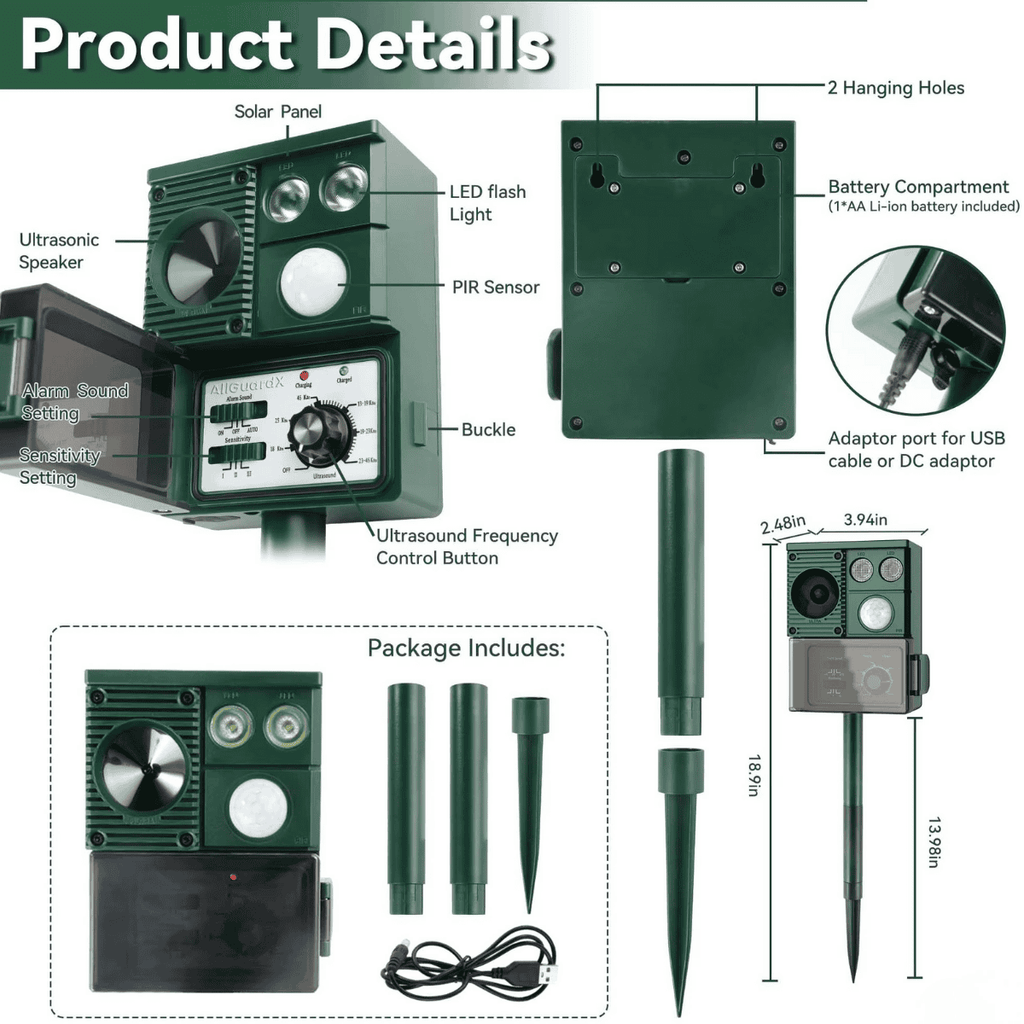 Solar Ultrasonic Animal Deterrent with Motion Sensor and LED Flash