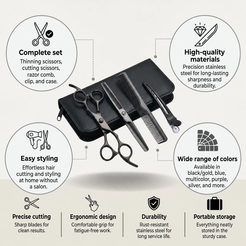 Stainless Steel Hair Scissors Set for Thinning and Cutting (Razor Comb & Case)
