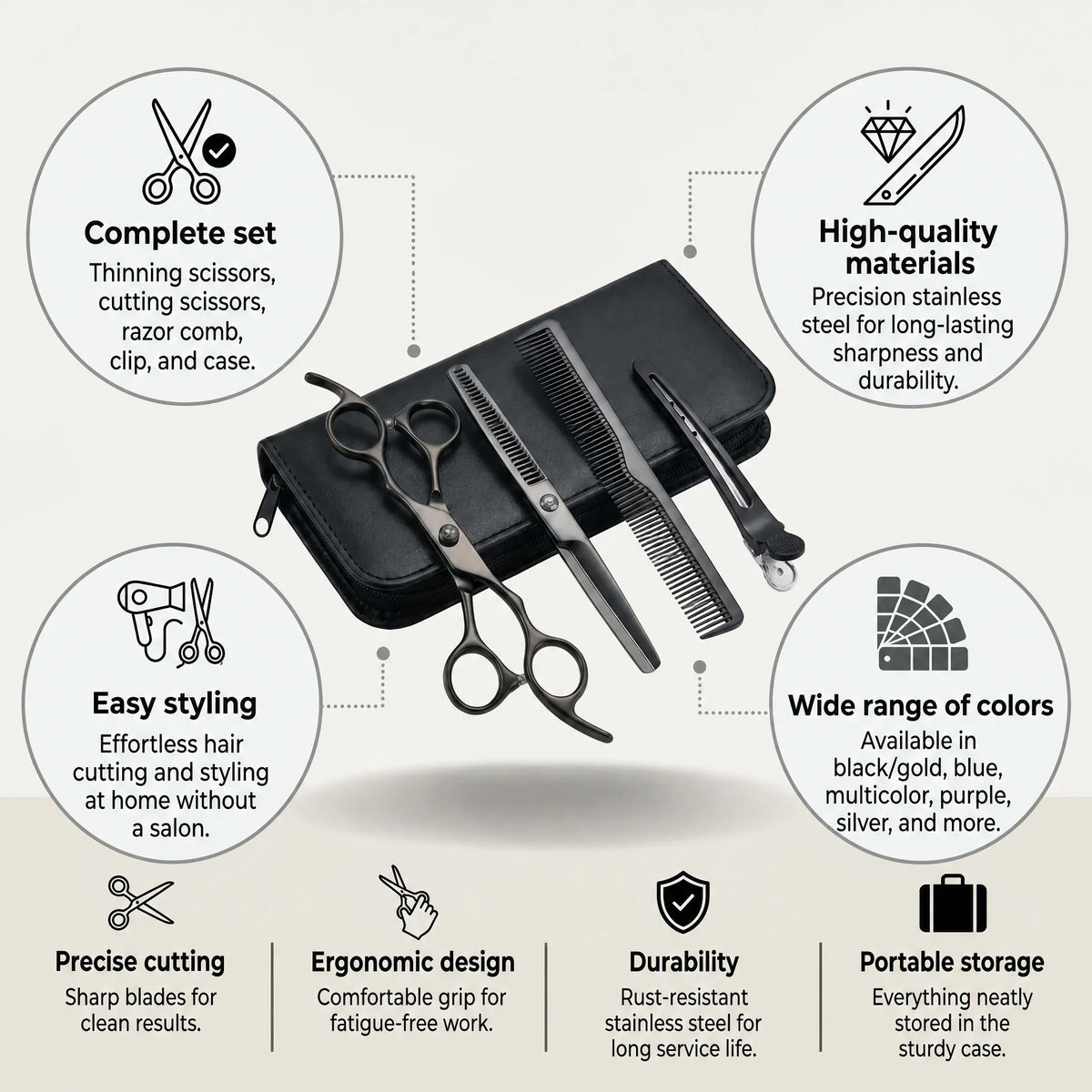 Stainless Steel Hair Scissors Set for Thinning and Cutting (Razor Comb & Case)