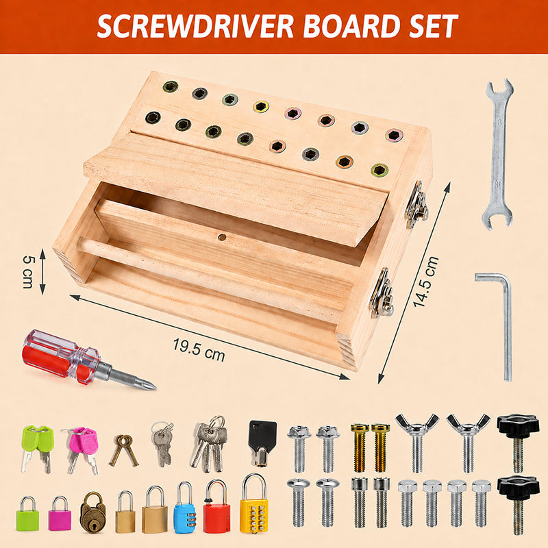 Boneroshop Wooden Screwdriver Lock & Key Activity Board
