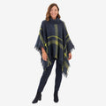 Sugar Crisp Women's Tweed Check Poncho with Roll Neck & Fringed Hem