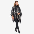 Sugar Crisp Women's Tweed Check Poncho with Roll Neck & Fringed Hem