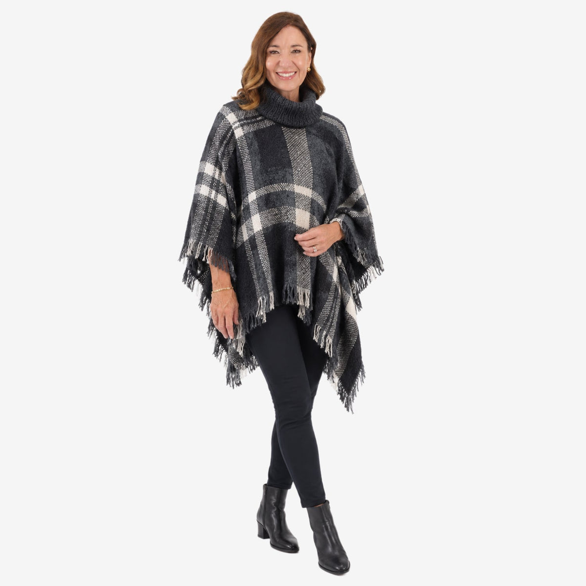 Sugar Crisp Women's Tweed Check Poncho with Roll Neck & Fringed Hem