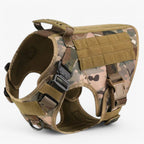 Tactical dog harness in nylon with handle, quick-release buckles and MOLLE webbing, padded and escape-proof, also in set