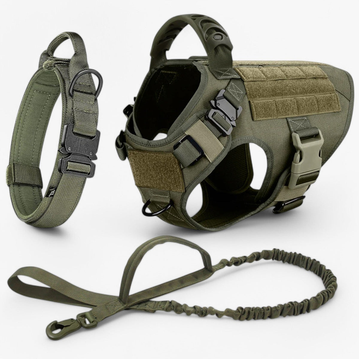 Tactical dog harness in nylon with handle, quick-release buckles and MOLLE webbing, padded and escape-proof, also in set