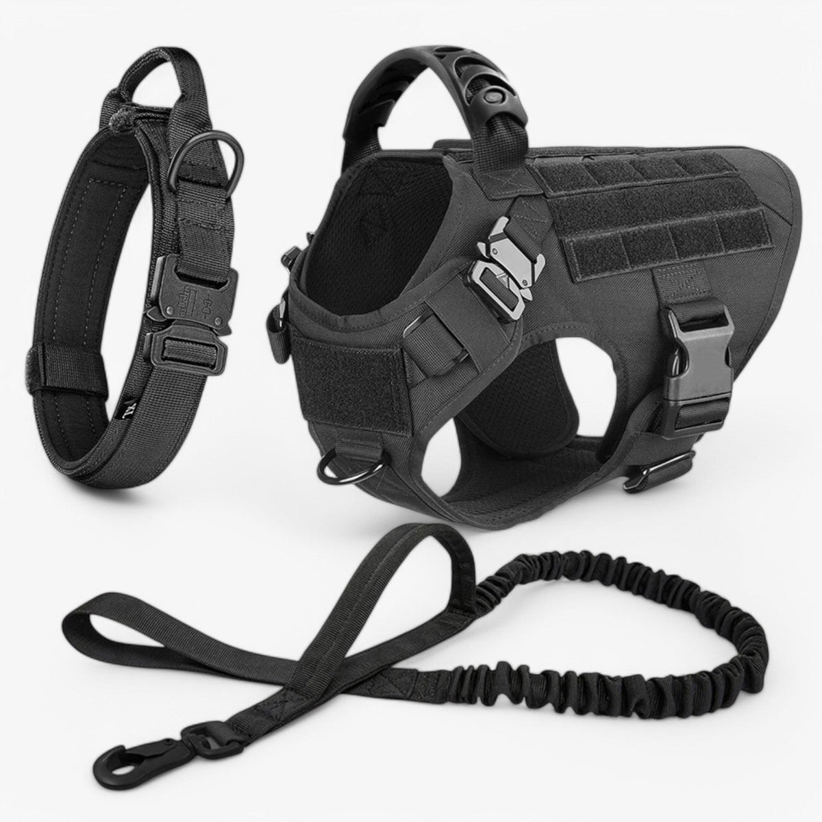 Tactical dog harness in nylon with handle, quick-release buckles and MOLLE webbing, padded and escape-proof, also in set