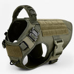 Tactical dog harness in nylon with handle, quick-release buckles and MOLLE webbing, padded and escape-proof, also in set