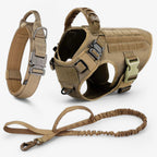 Tactical dog harness in nylon with handle, quick-release buckles and MOLLE webbing, padded and escape-proof, also in set