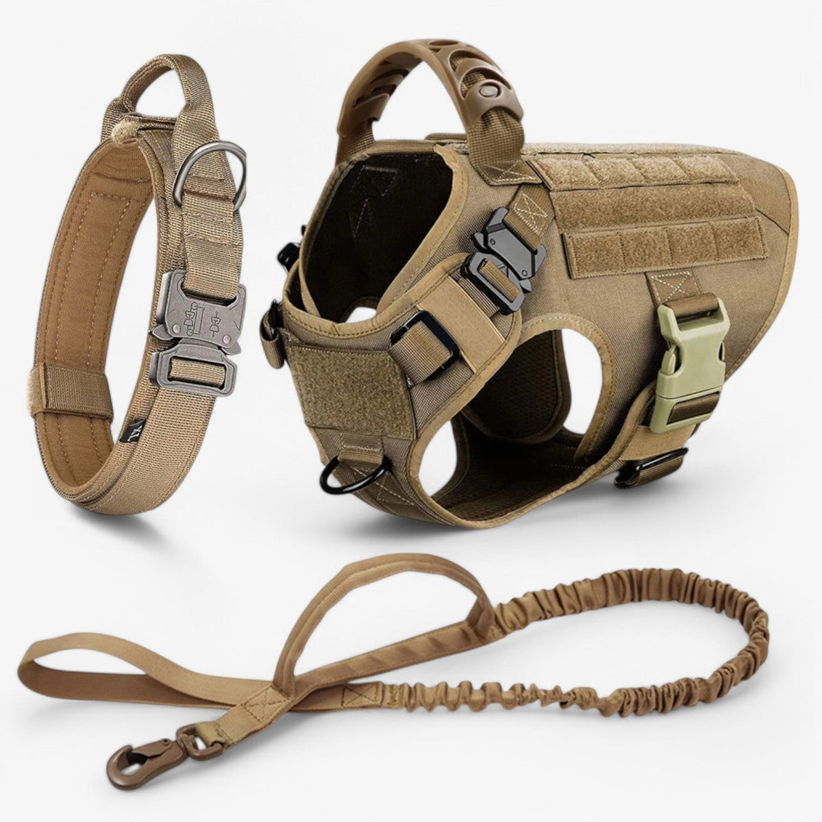 Tactical dog harness in nylon with handle, quick-release buckles and MOLLE webbing, padded and escape-proof, also in set