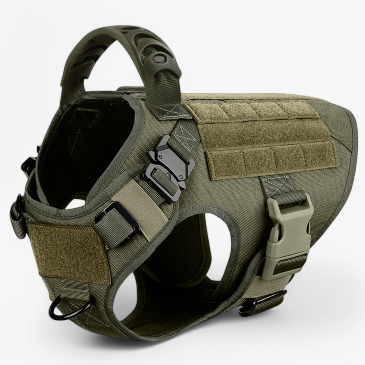 Tactical dog harness in nylon with handle, quick-release buckles and MOLLE webbing, padded and escape-proof, also in set