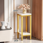 Tall Narrow Marble-Top Plant Stand Side Table with Lower Shelf and Gold Metal Frame