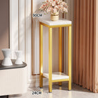 Tall Narrow Marble-Top Plant Stand Side Table with Lower Shelf and Gold Metal Frame