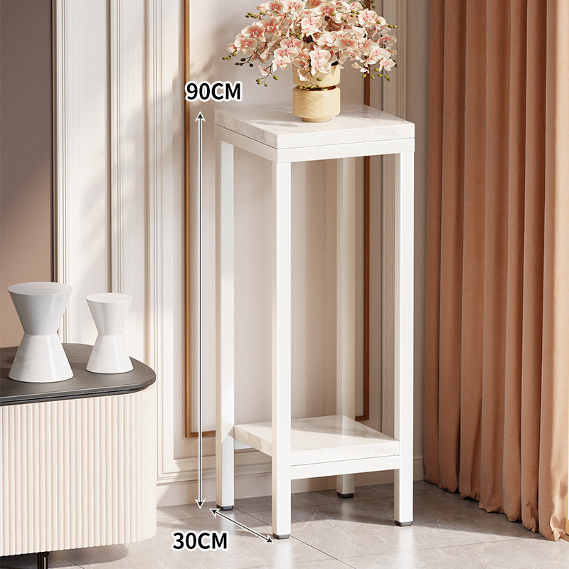 Tall Narrow Marble-Top Plant Stand Side Table with Lower Shelf and Gold Metal Frame