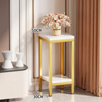 Tall Narrow Marble-Top Plant Stand Side Table with Lower Shelf and Gold Metal Frame