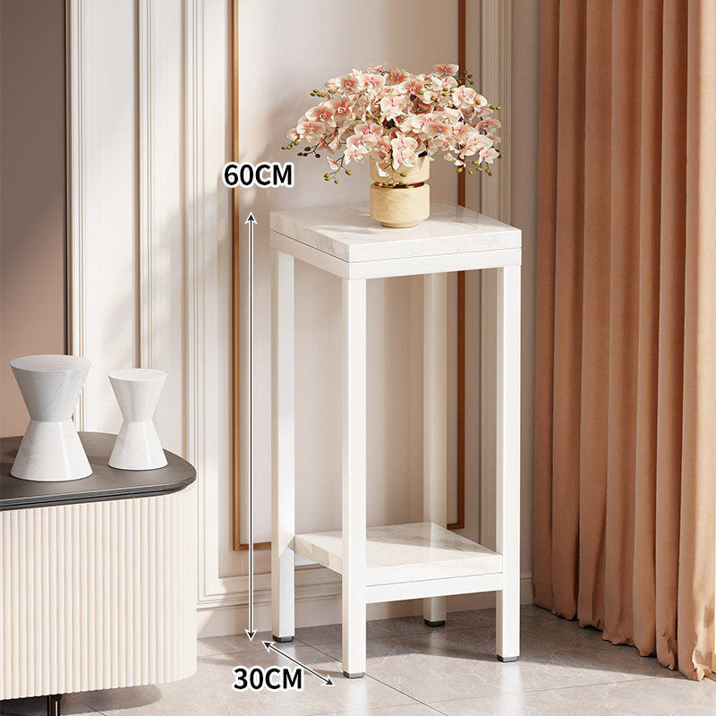 Tall Narrow Marble-Top Plant Stand Side Table with Lower Shelf and Gold Metal Frame