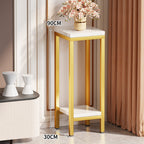Tall Narrow Marble-Top Plant Stand Side Table with Lower Shelf and Gold Metal Frame
