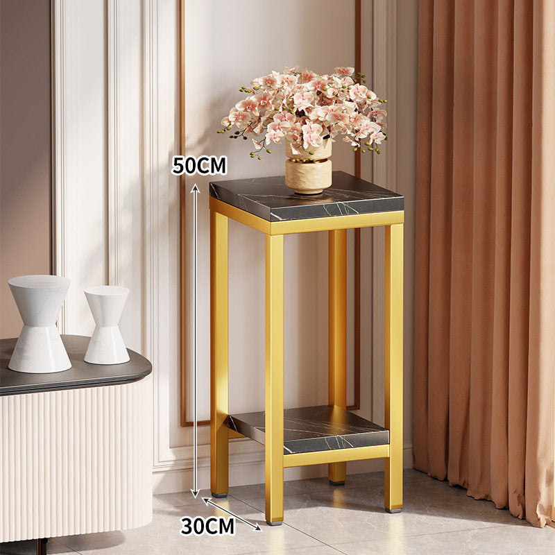 Tall Narrow Marble-Top Plant Stand Side Table with Lower Shelf and Gold Metal Frame