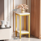 Tall Narrow Marble-Top Plant Stand Side Table with Lower Shelf and Gold Metal Frame