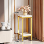 Tall Narrow Marble-Top Plant Stand Side Table with Lower Shelf and Gold Metal Frame