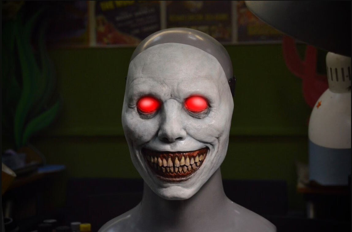 Terrifying Halloween Mask, Smiling Demon Latex Mask for Adults, Creepy Mask for Parties and Cosplay, LED Versions Also A