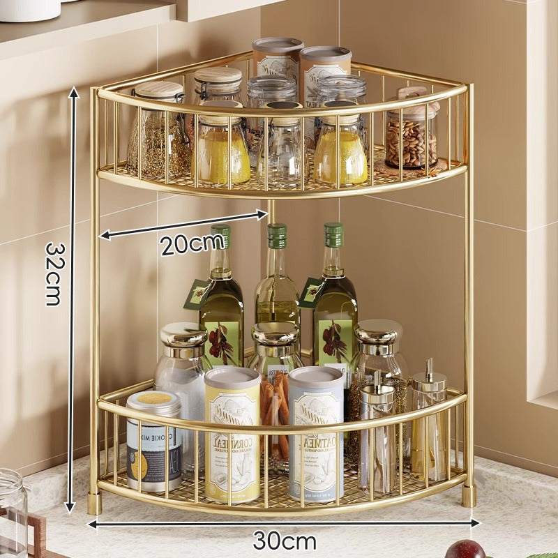 Three-Tier Rounded Corner Kitchen Storage Rack with Raised Rails and Mesh Shelves