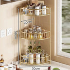 Three-Tier Rounded Corner Kitchen Storage Rack with Raised Rails and Mesh Shelves