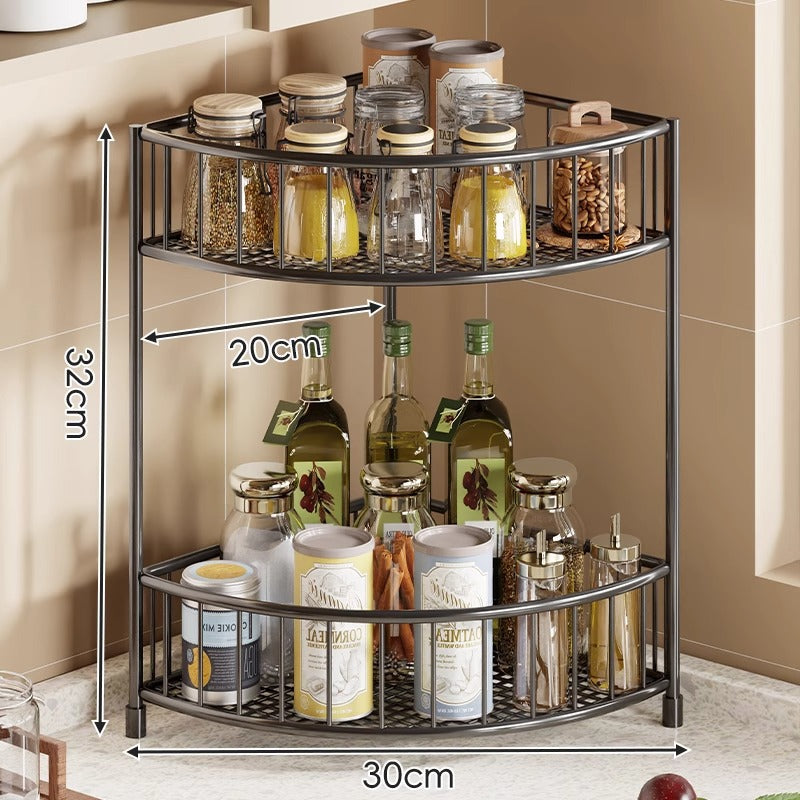 Three-Tier Rounded Corner Kitchen Storage Rack with Raised Rails and Mesh Shelves