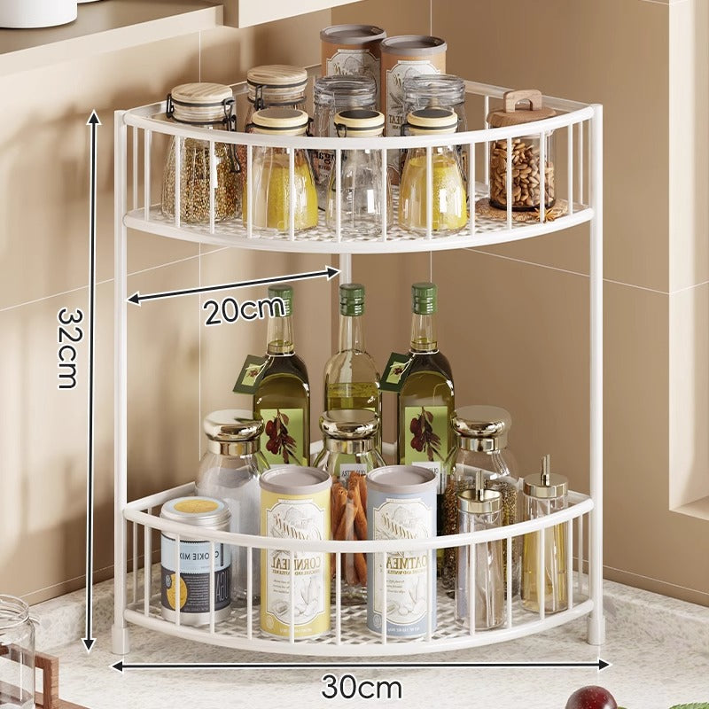 Three-Tier Rounded Corner Kitchen Storage Rack with Raised Rails and Mesh Shelves