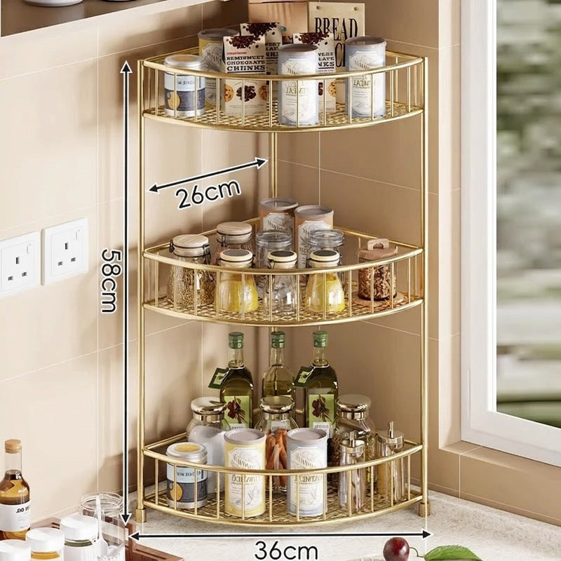 Three-Tier Rounded Corner Kitchen Storage Rack with Raised Rails and Mesh Shelves