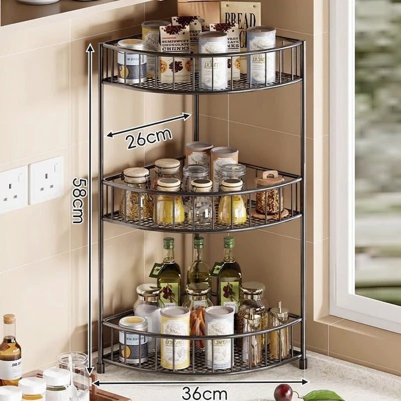 Three-Tier Rounded Corner Kitchen Storage Rack with Raised Rails and Mesh Shelves