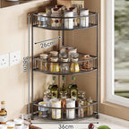 Three-Tier Rounded Corner Kitchen Storage Rack with Raised Rails and Mesh Shelves
