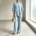 Two-Piece Knit Set with Asymmetric Button Top and Wide-Leg Trousers