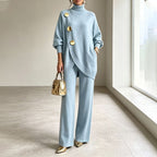 Two-Piece Knit Set with Asymmetric Button Top and Wide-Leg Trousers
