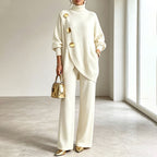 Two-Piece Knit Set with Asymmetric Button Top and Wide-Leg Trousers