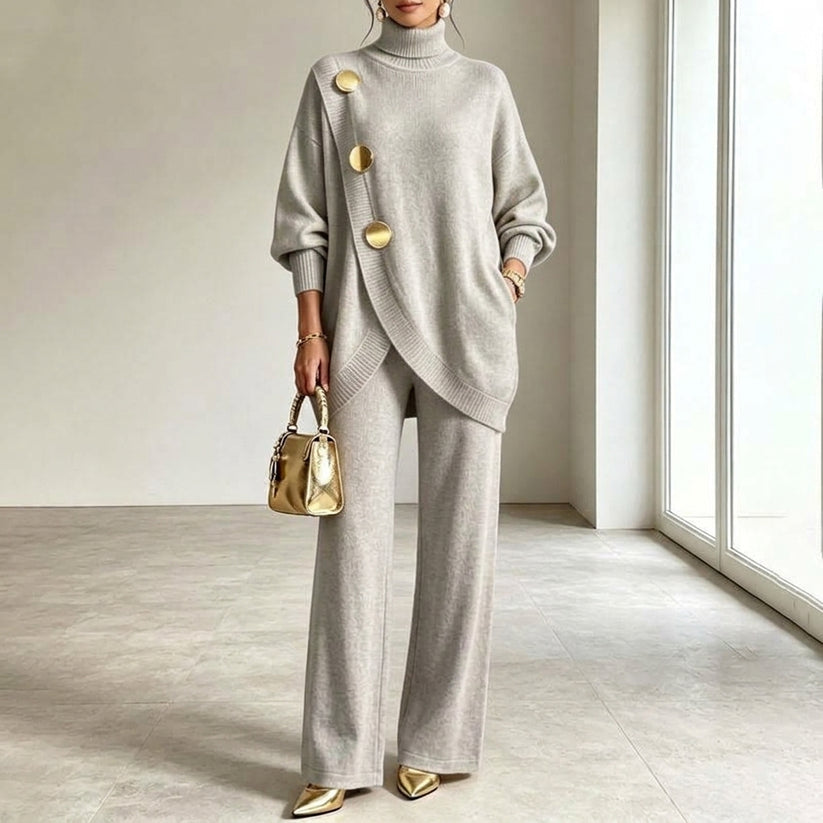 Two-Piece Knit Set with Asymmetric Button Top and Wide-Leg Trousers
