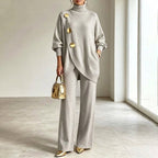 Two-Piece Knit Set with Asymmetric Button Top and Wide-Leg Trousers