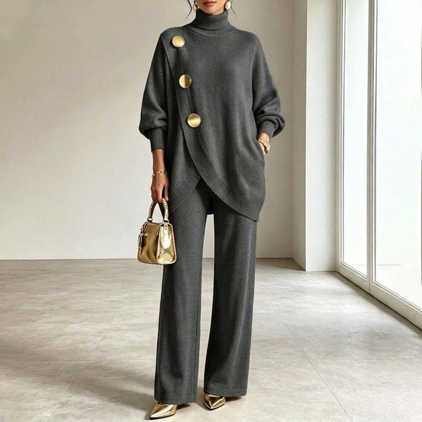 Two-Piece Knit Set with Asymmetric Button Top and Wide-Leg Trousers