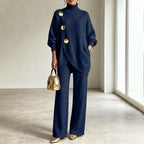 Two-Piece Knit Set with Asymmetric Button Top and Wide-Leg Trousers