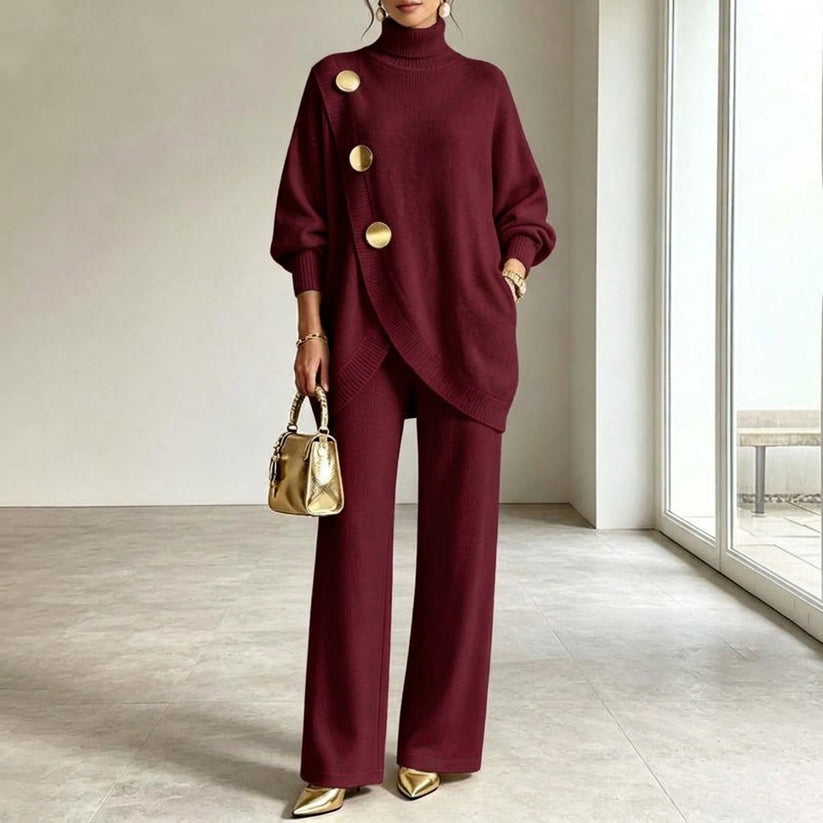 Two-Piece Knit Set with Asymmetric Button Top and Wide-Leg Trousers