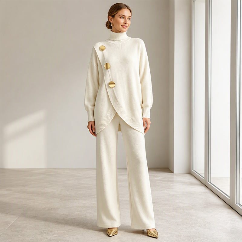 Two-Piece Knit Set with Asymmetric Button Top and Wide-Leg Trousers