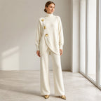Two-Piece Knit Set with Asymmetric Button Top and Wide-Leg Trousers
